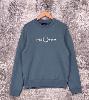 Fred Perry Sweatshirt Small Mens Embroidered Spell Out Crewneck Blue